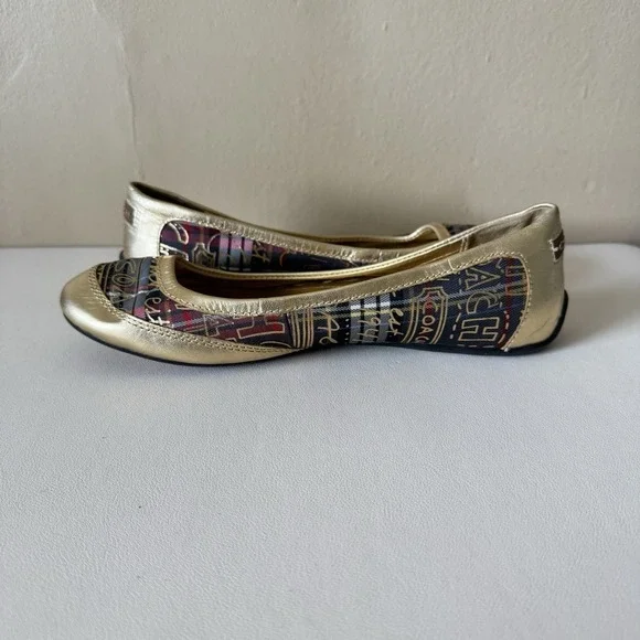 COACH Ballet Flats Gold Tartan Plaid True Graffiti Logo Shoes Slip On Sz 7.5 Y2K - Picture 6 of 8